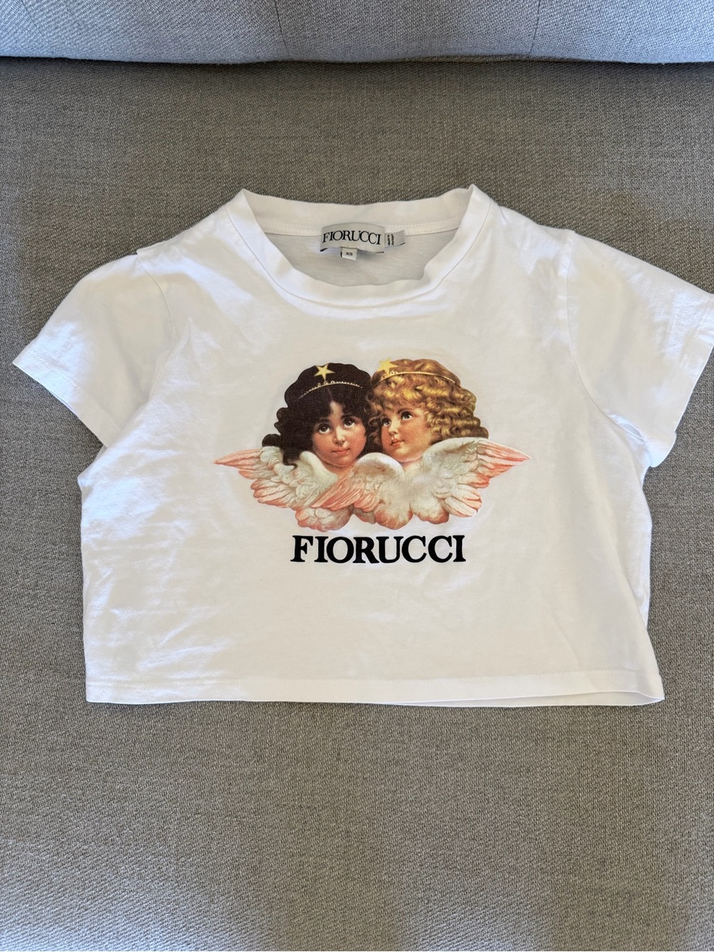 Fiorucci White Kids Angel Graphic Crop Tee with Pink Accents